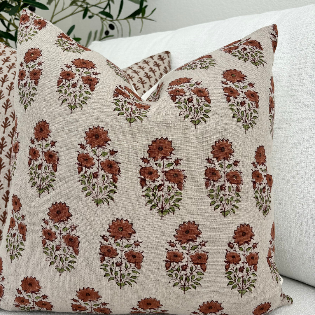 Block print floral pillow cover - brown and beige (Adele)