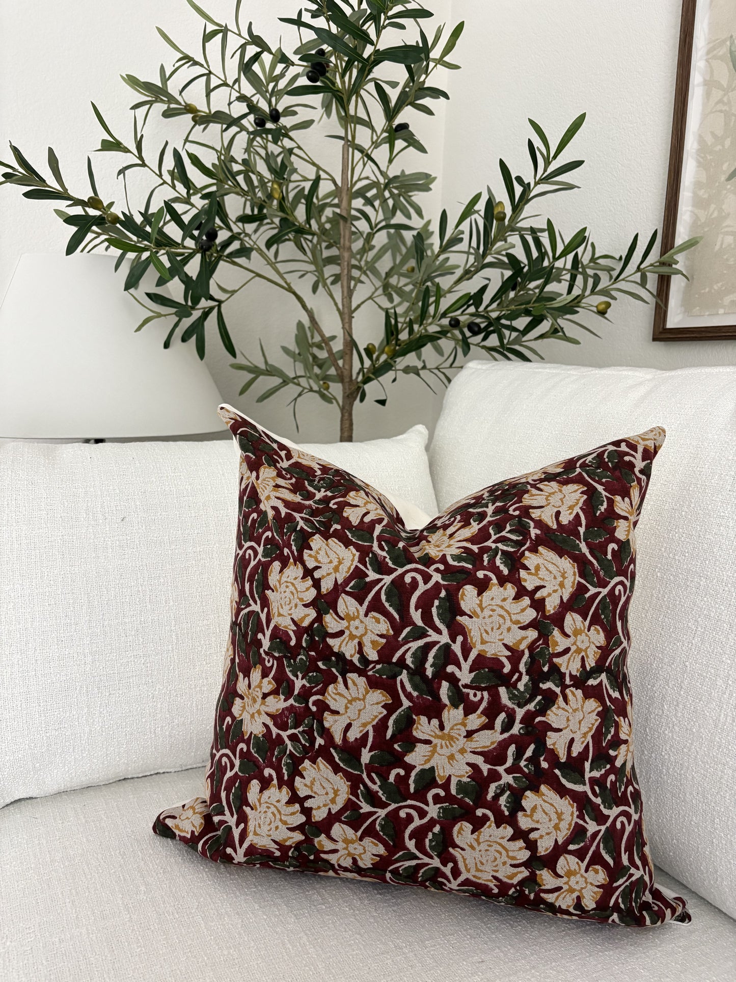 Flora - hand block printed linen pillow cover (red)