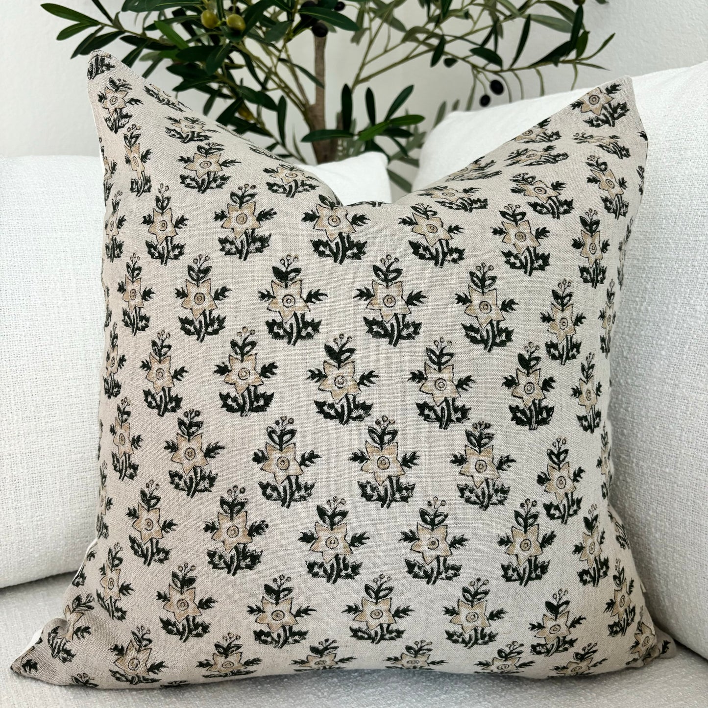 Magnolia - hand block printed linen pillow cover (beige, green)