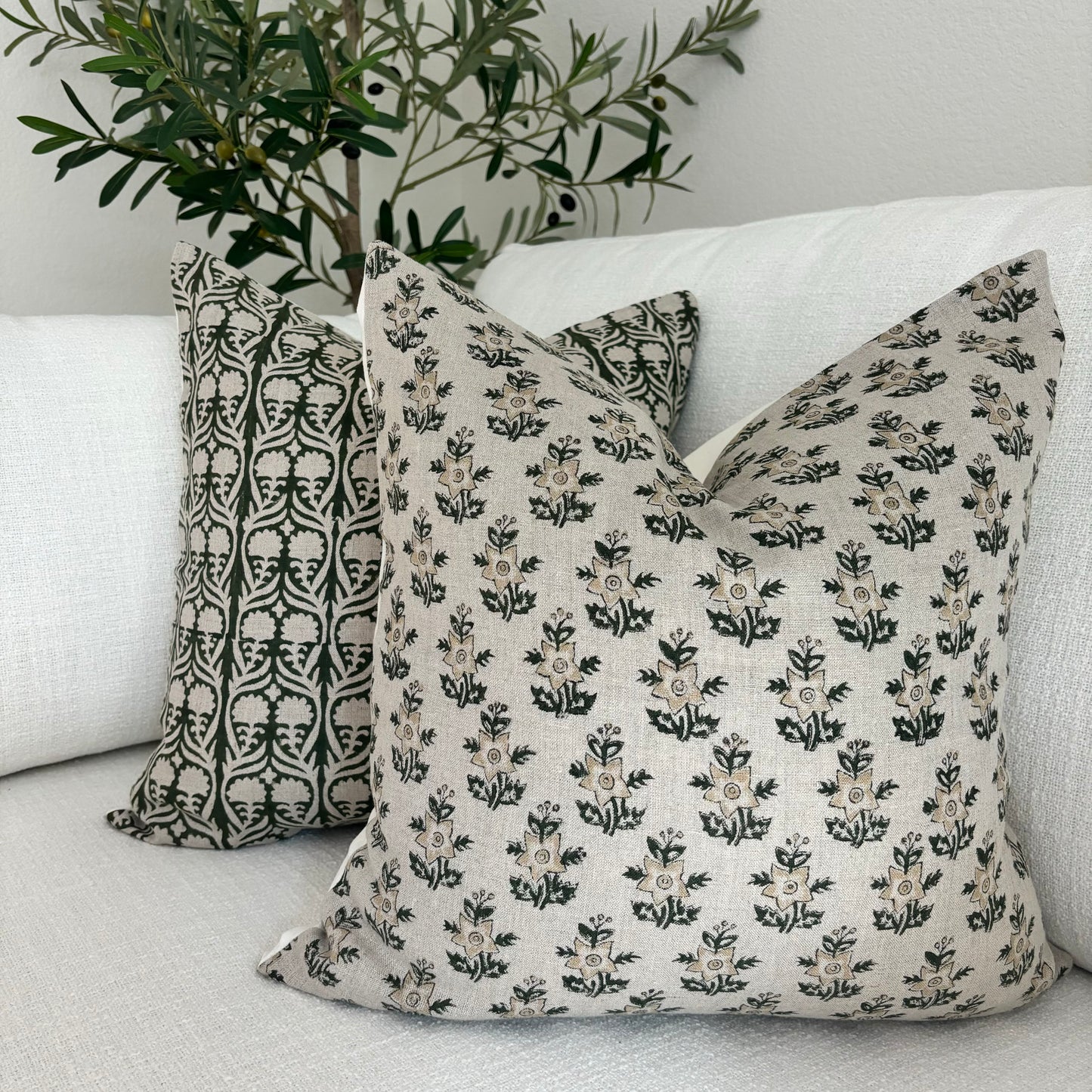 Magnolia - hand block printed linen pillow cover (beige, green)
