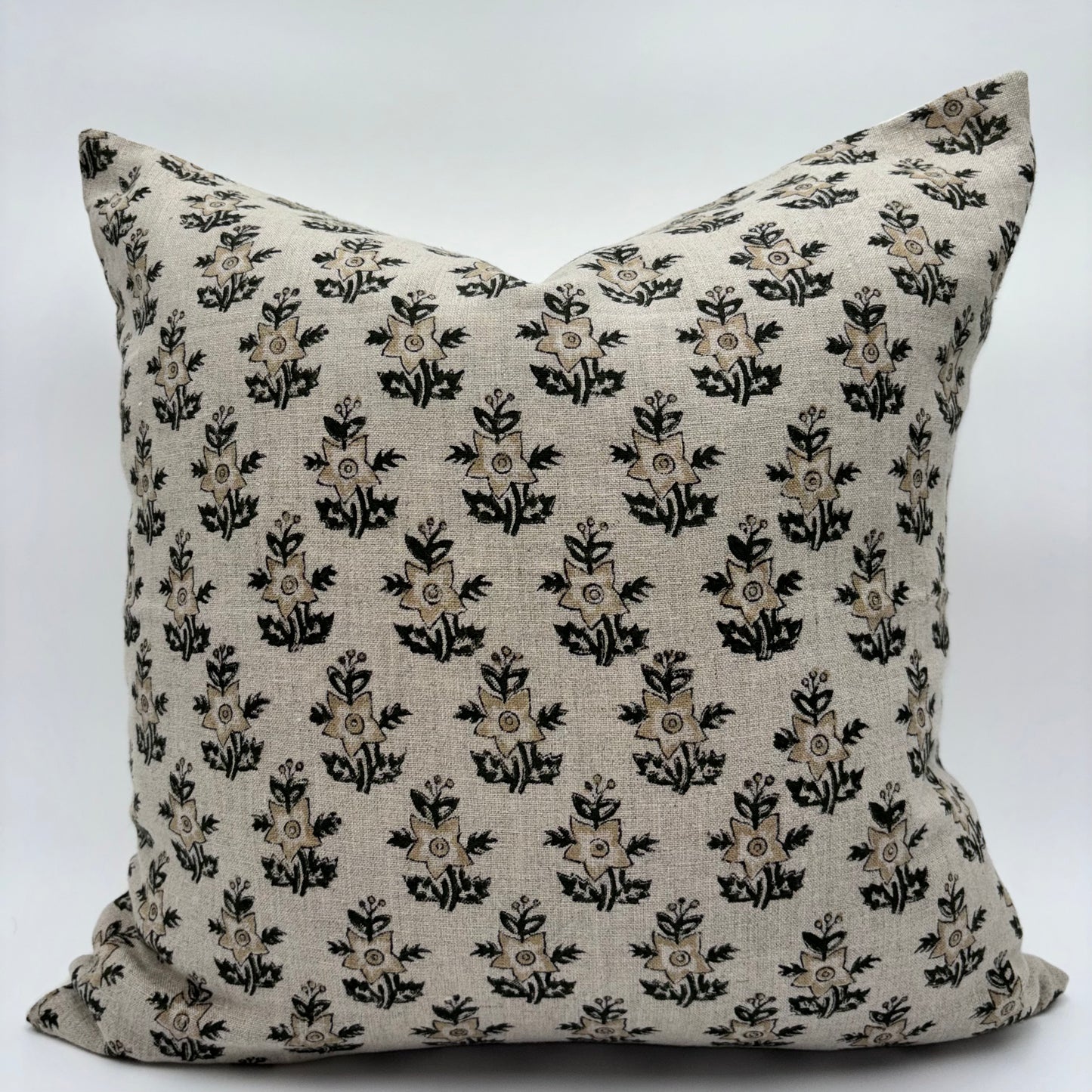 Magnolia - hand block printed linen pillow cover (beige, green)