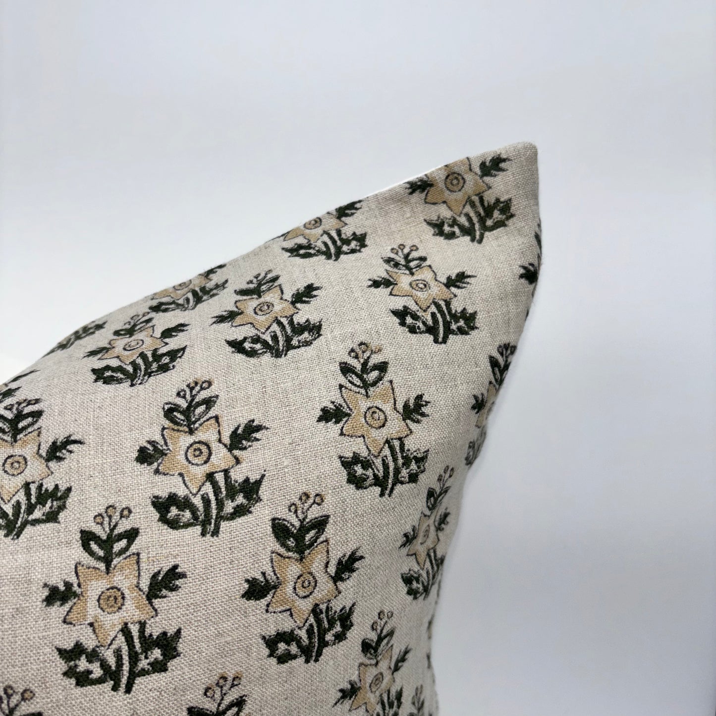 Magnolia - hand block printed linen pillow cover (beige, green)
