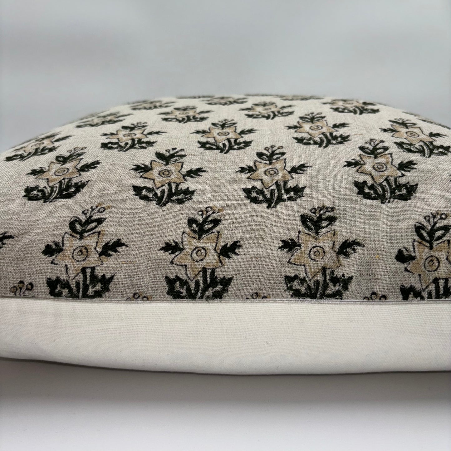 Magnolia - hand block printed linen pillow cover (beige, green)
