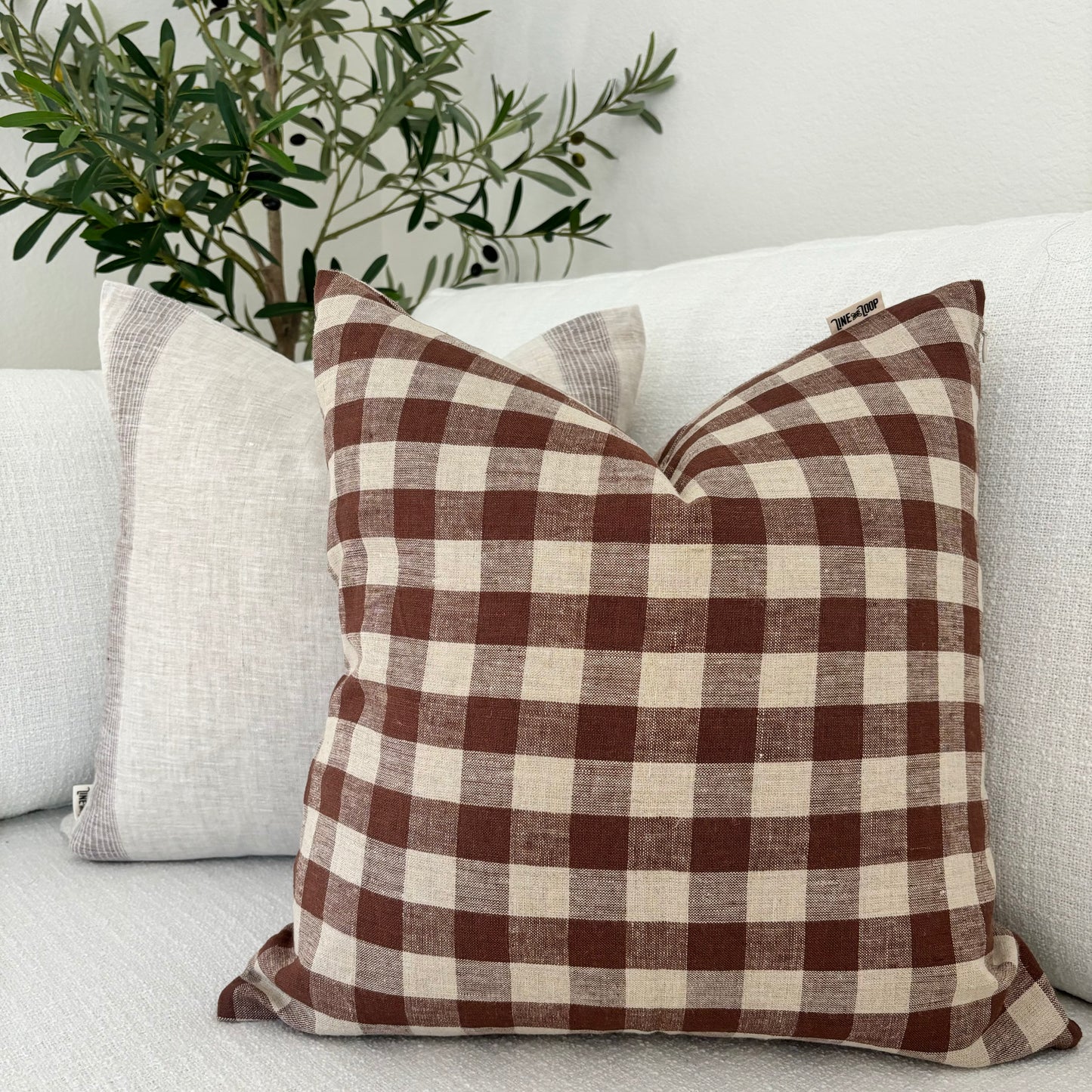 Amy - gingham linen pillow cover (brown)