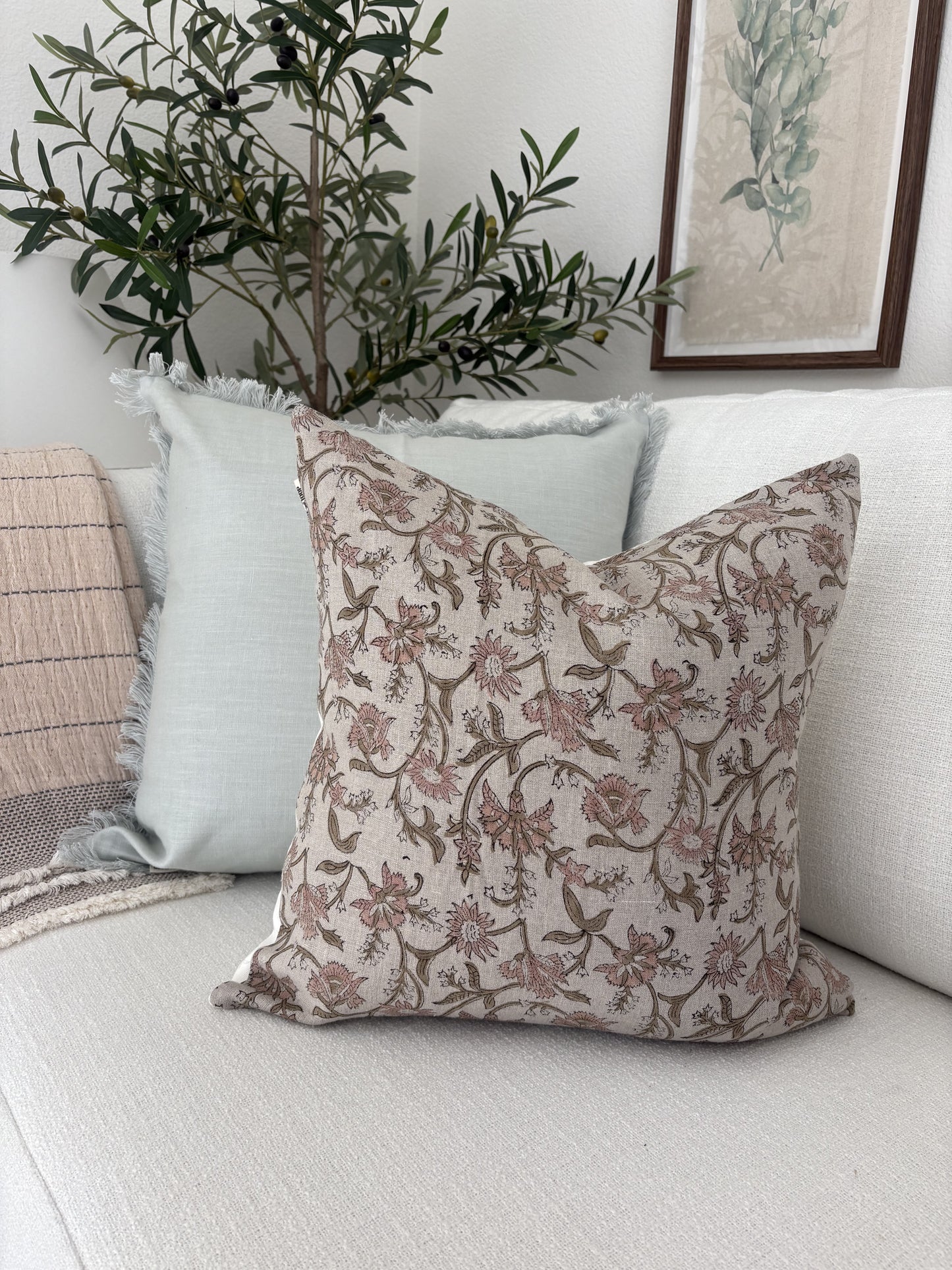 Winona - hand block printed linen pillow cover (pink)