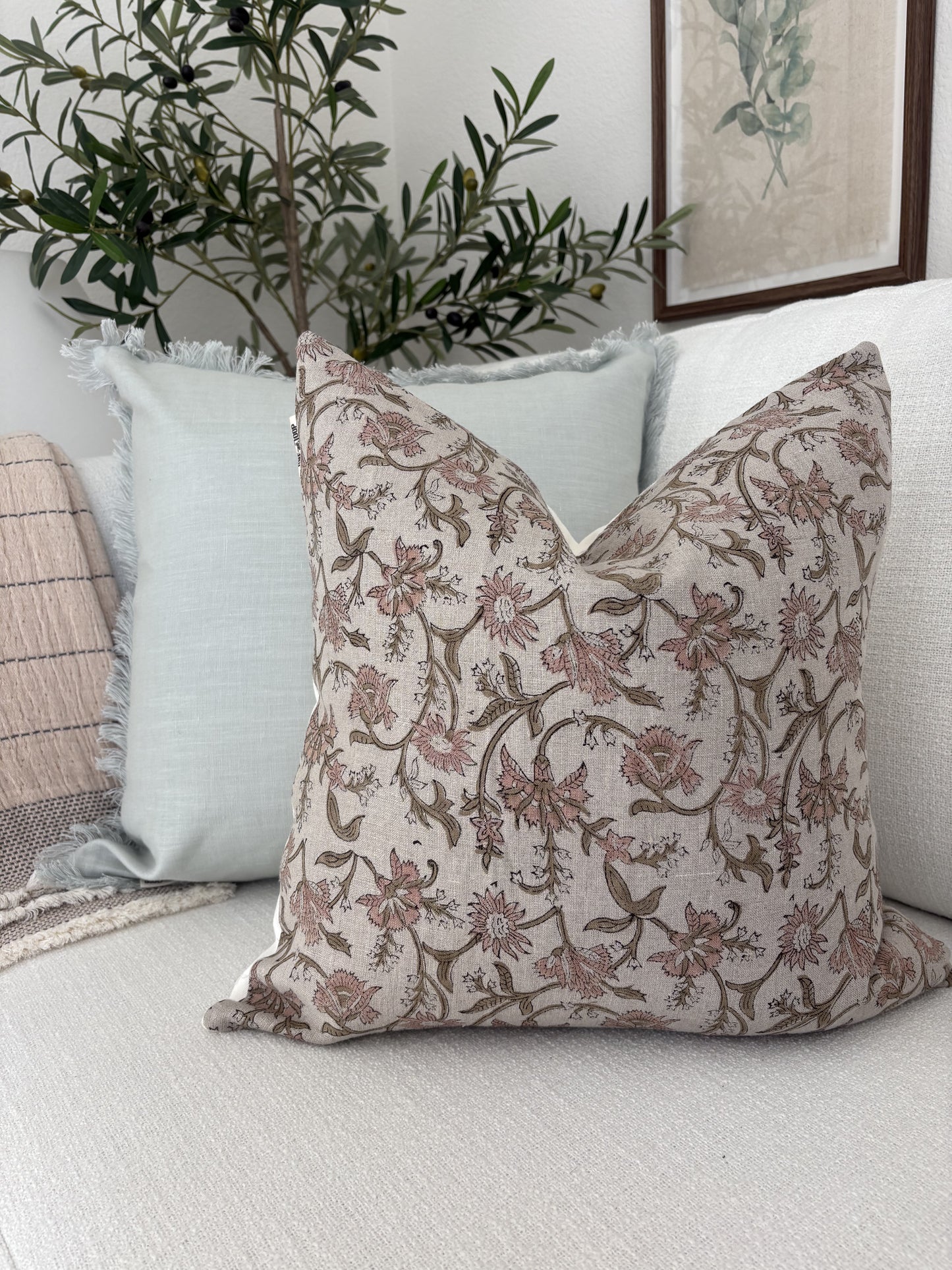 Winona - hand block printed linen pillow cover (pink)