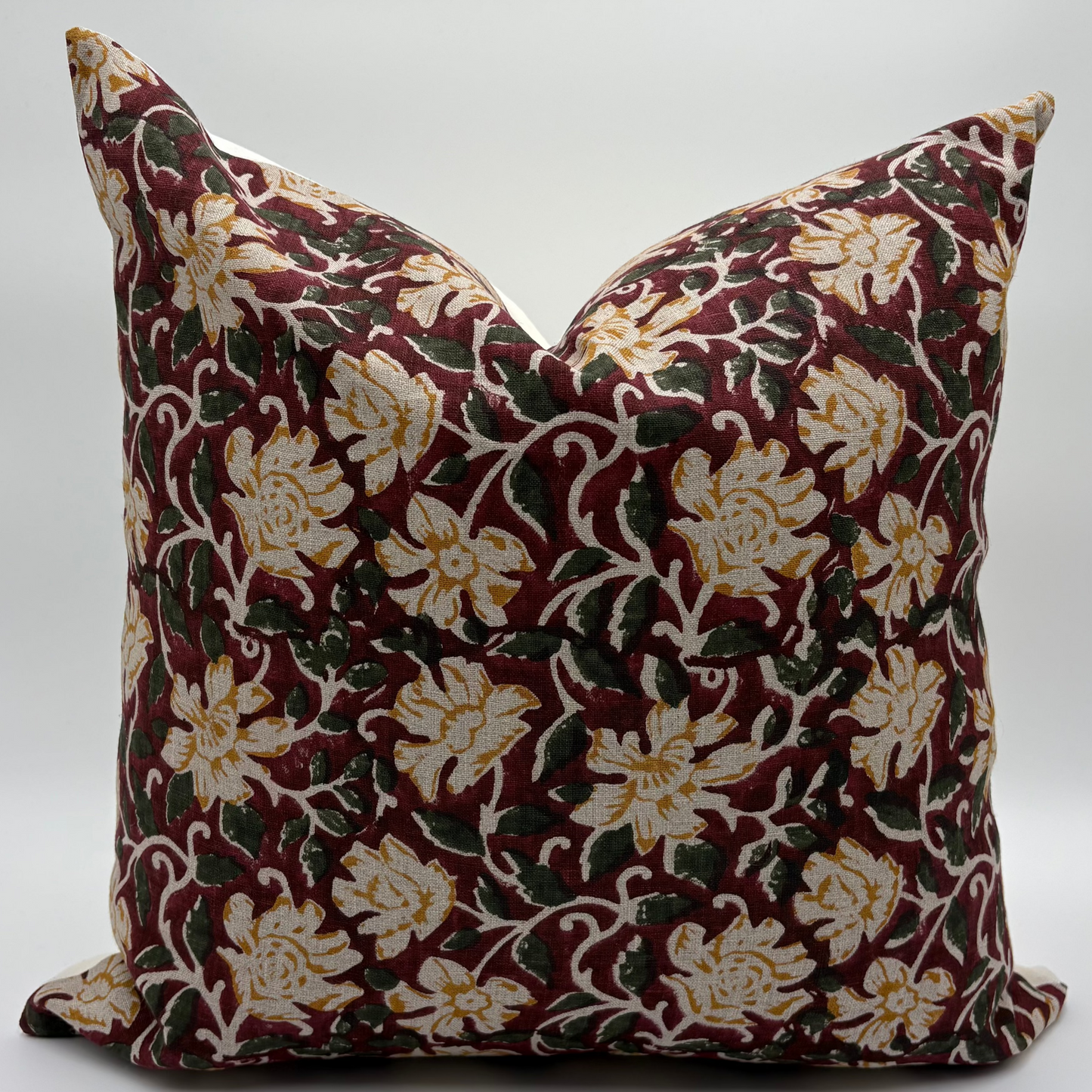 Flora - hand block printed linen pillow cover (red)