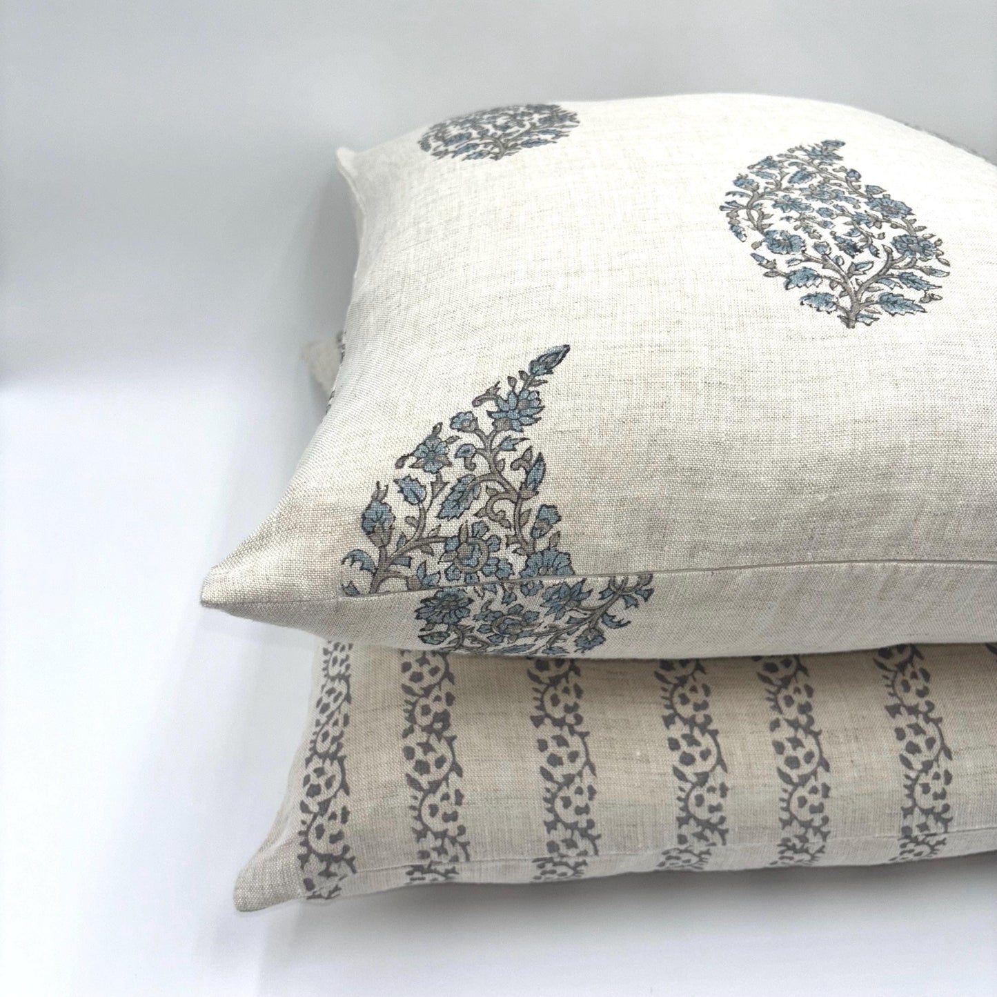 Lia - hand block printed linen pillow cover (blue, gray)