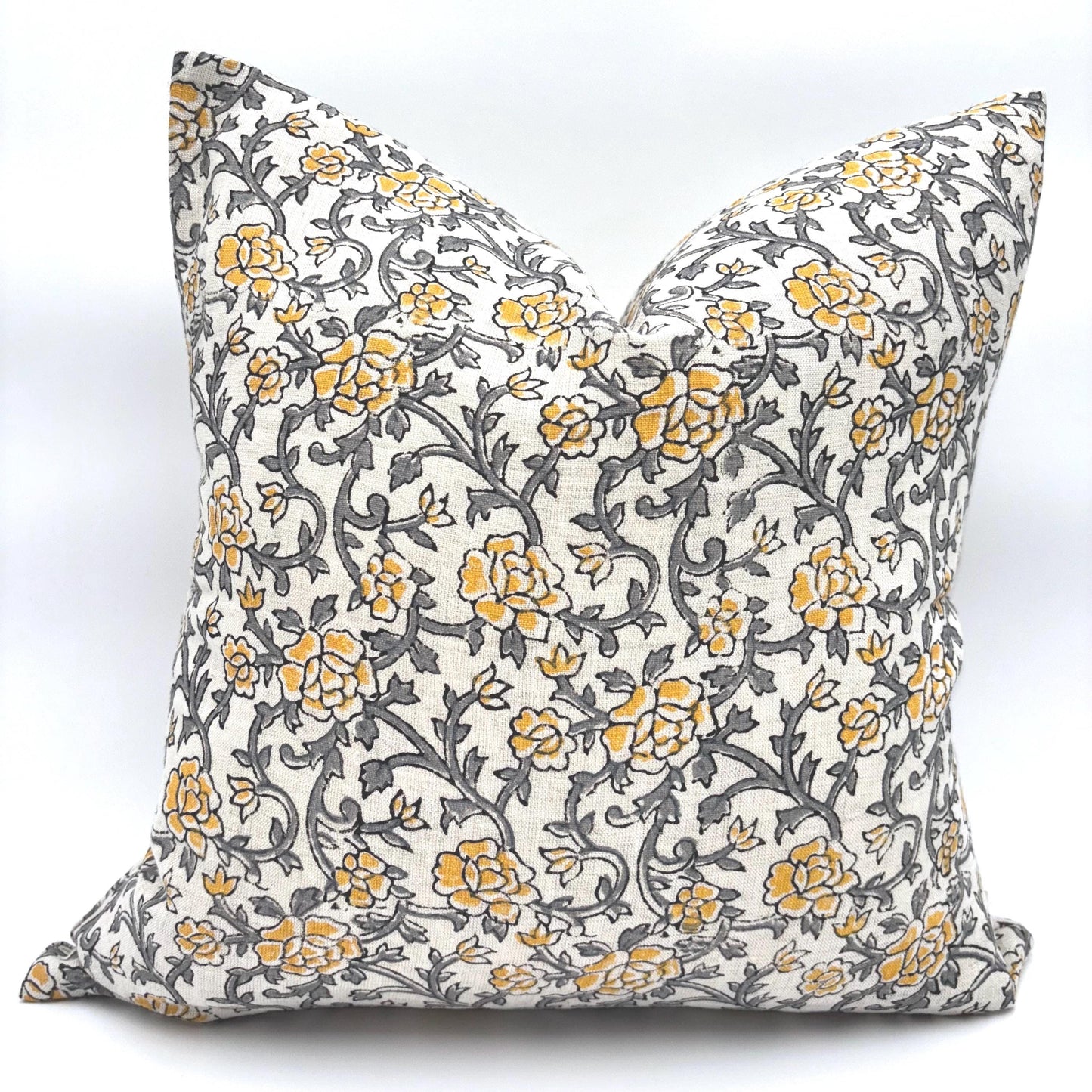 Rose - hand block printed linen pillow cover (gray, yellow)