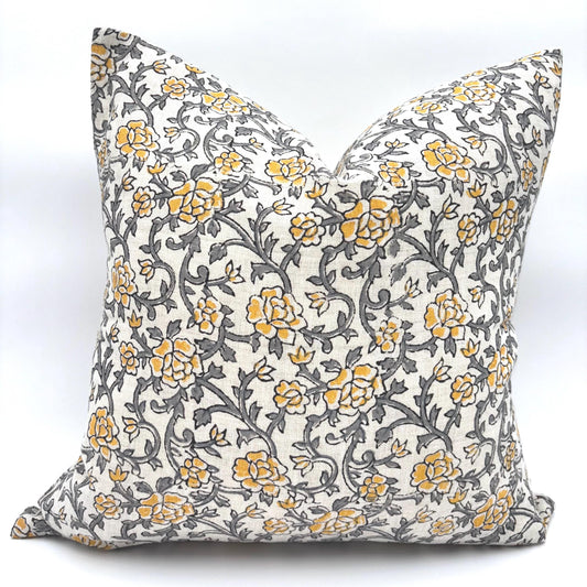 Rose - hand block printed linen pillow cover (gray, yellow)