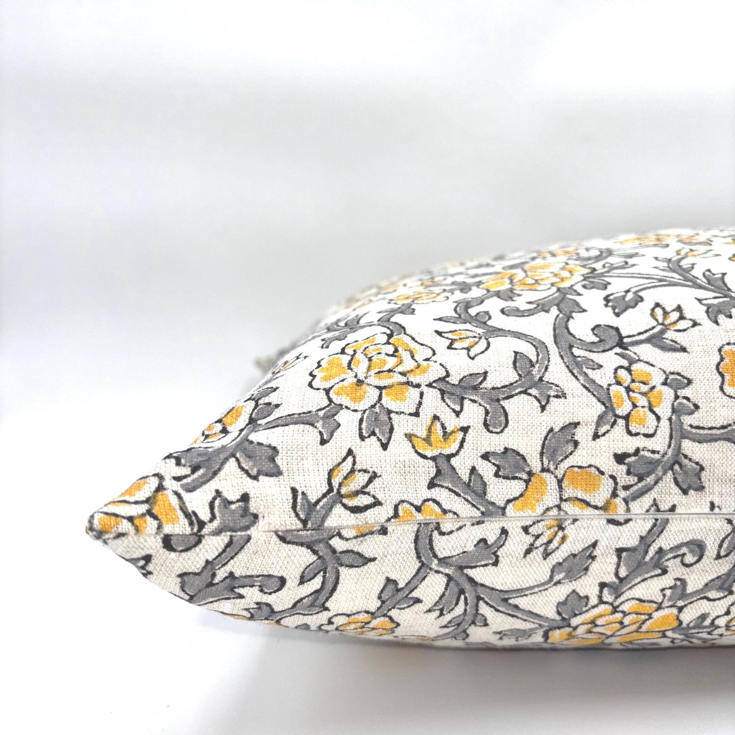 Rose - hand block printed linen pillow cover (gray, yellow)