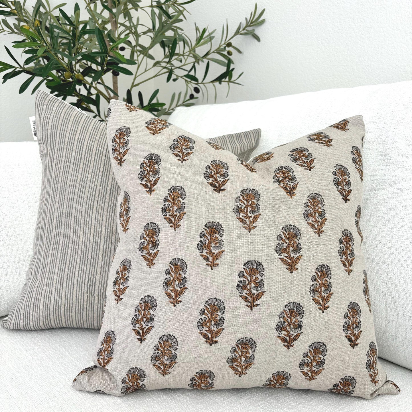 Lily - hand block printed linen pillow cover (rust, gray)