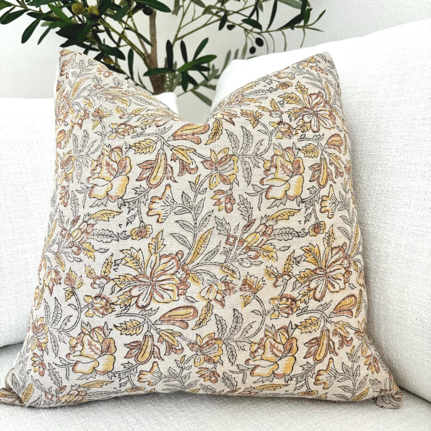 Anne - hand block printed linen pillow cover (brown)