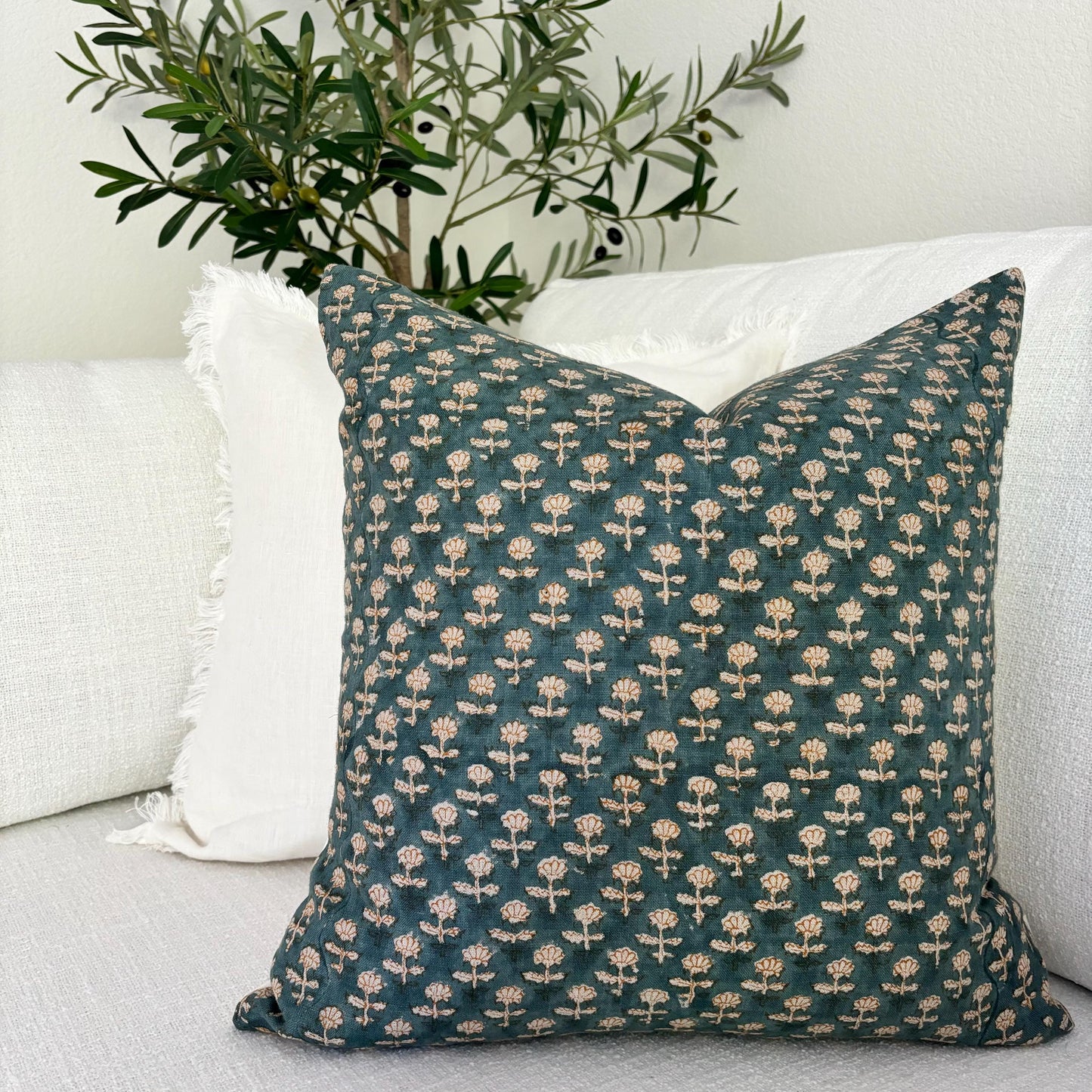 Audrey - hand block printed linen pillow cover (blue)