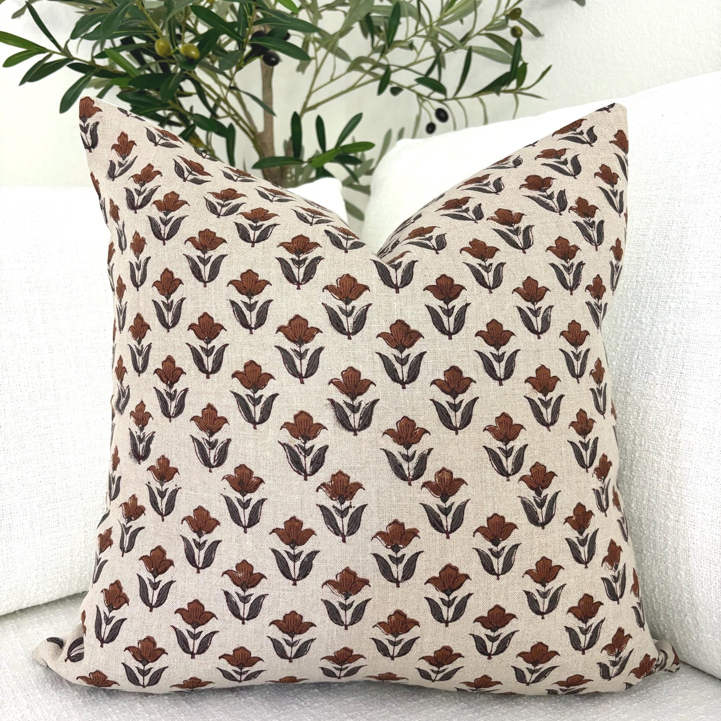 Tulip - hand block printed linen pillow cover (rust)