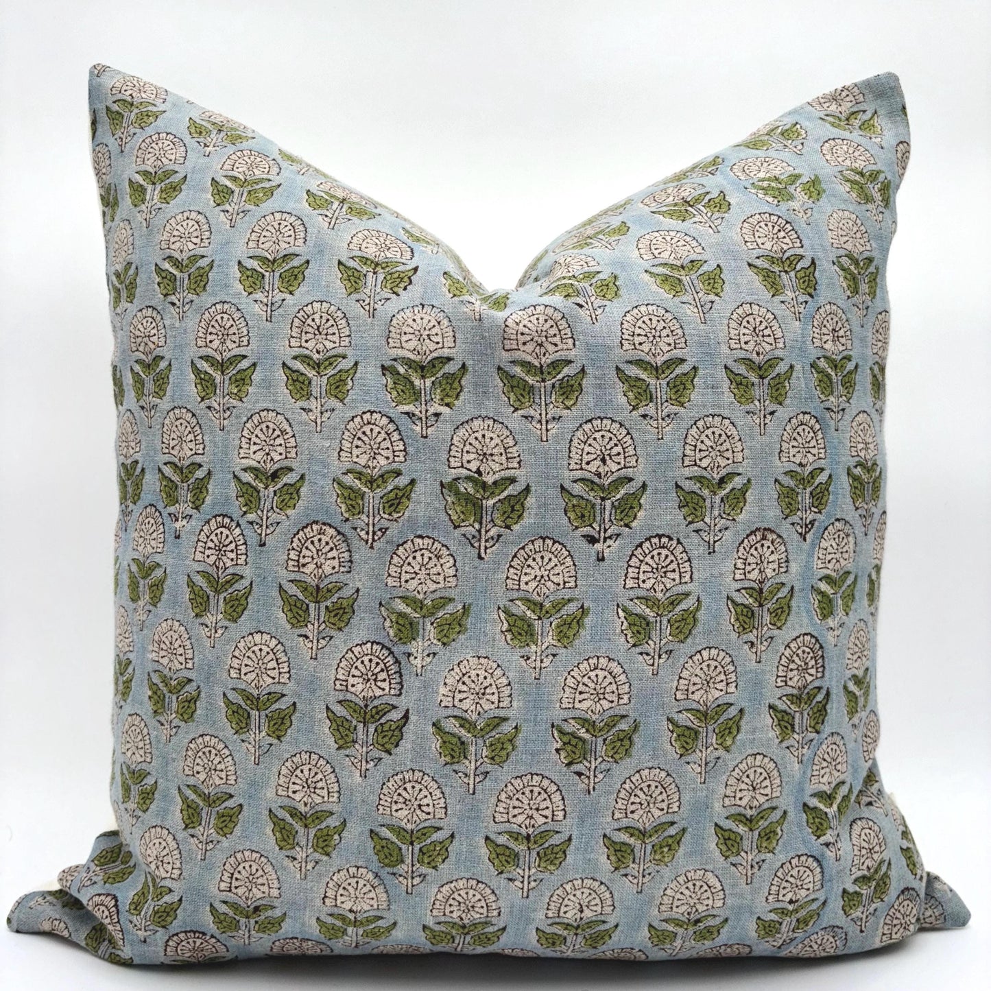 Hazel - hand block printed linen pillow cover (blue, green)