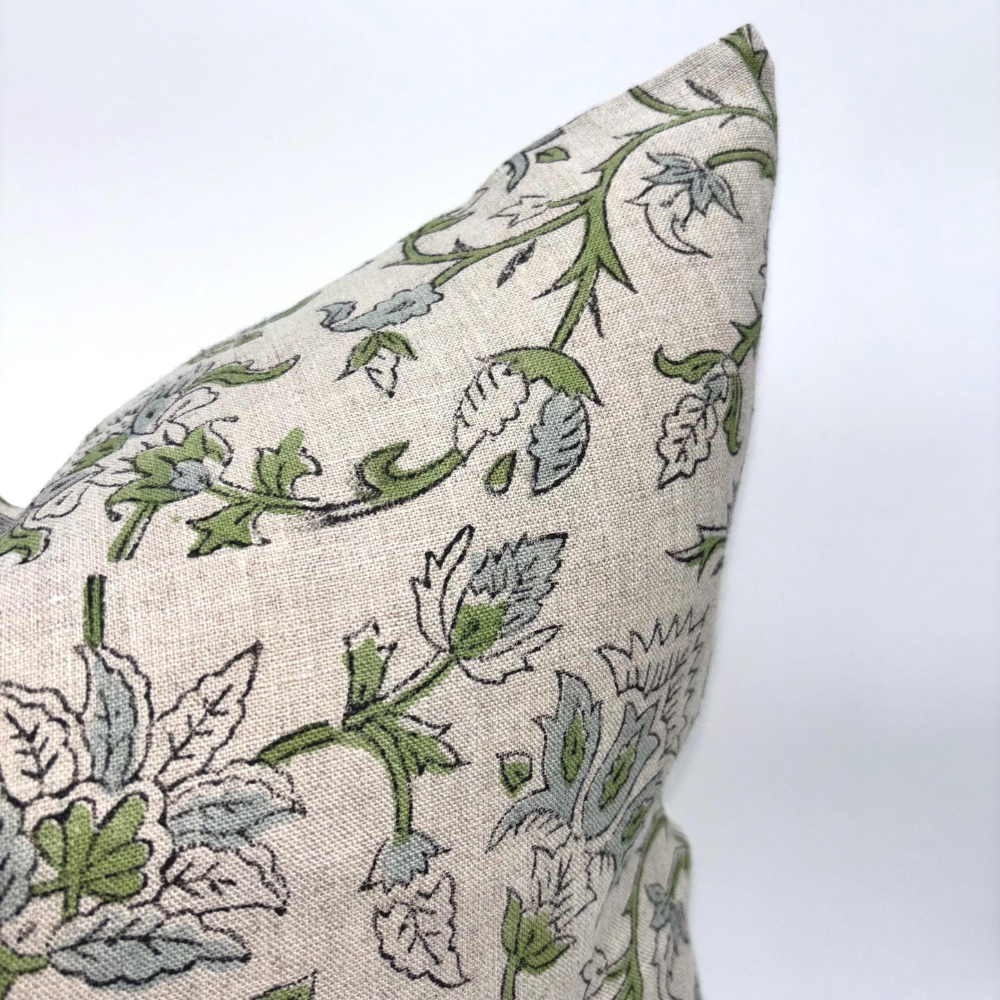 Claire - hand block printed linen pillow cover (green, blue)
