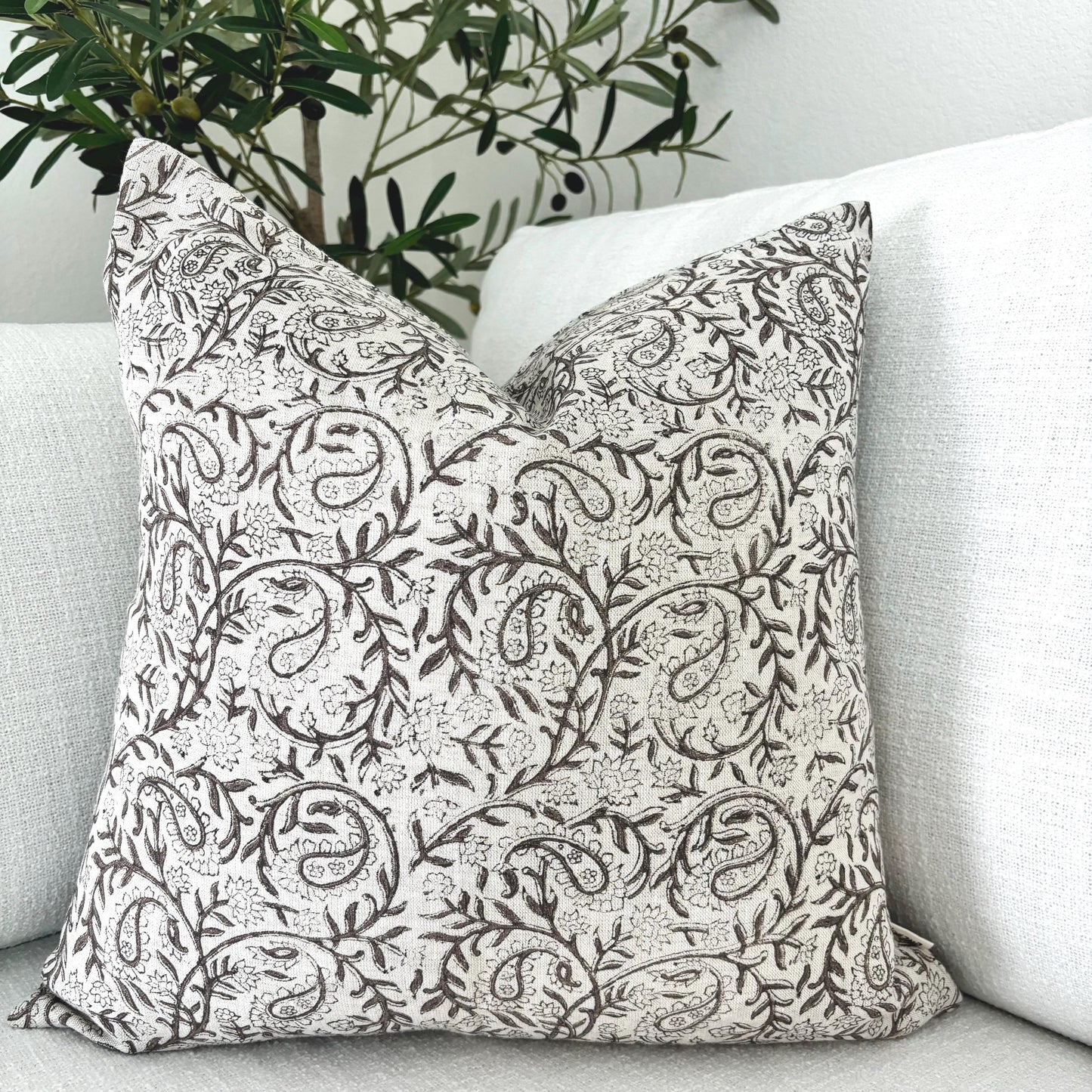 Lina - hand block printed linen pillow cover (brown)