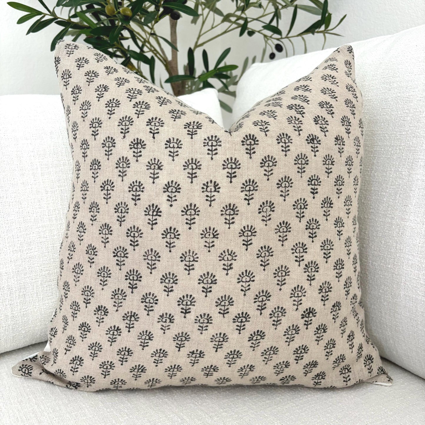Mia - hand block printed linen pillow cover (black)