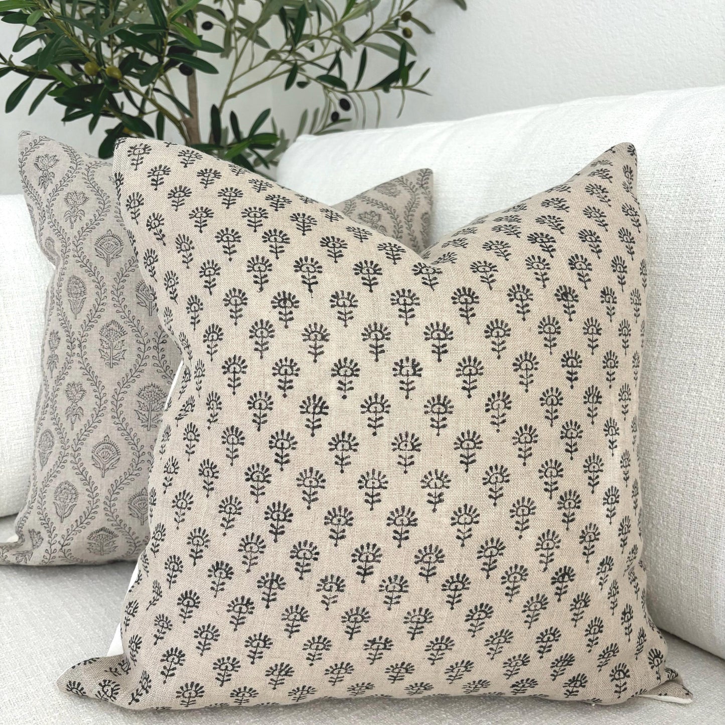 Mia - hand block printed linen pillow cover (black)