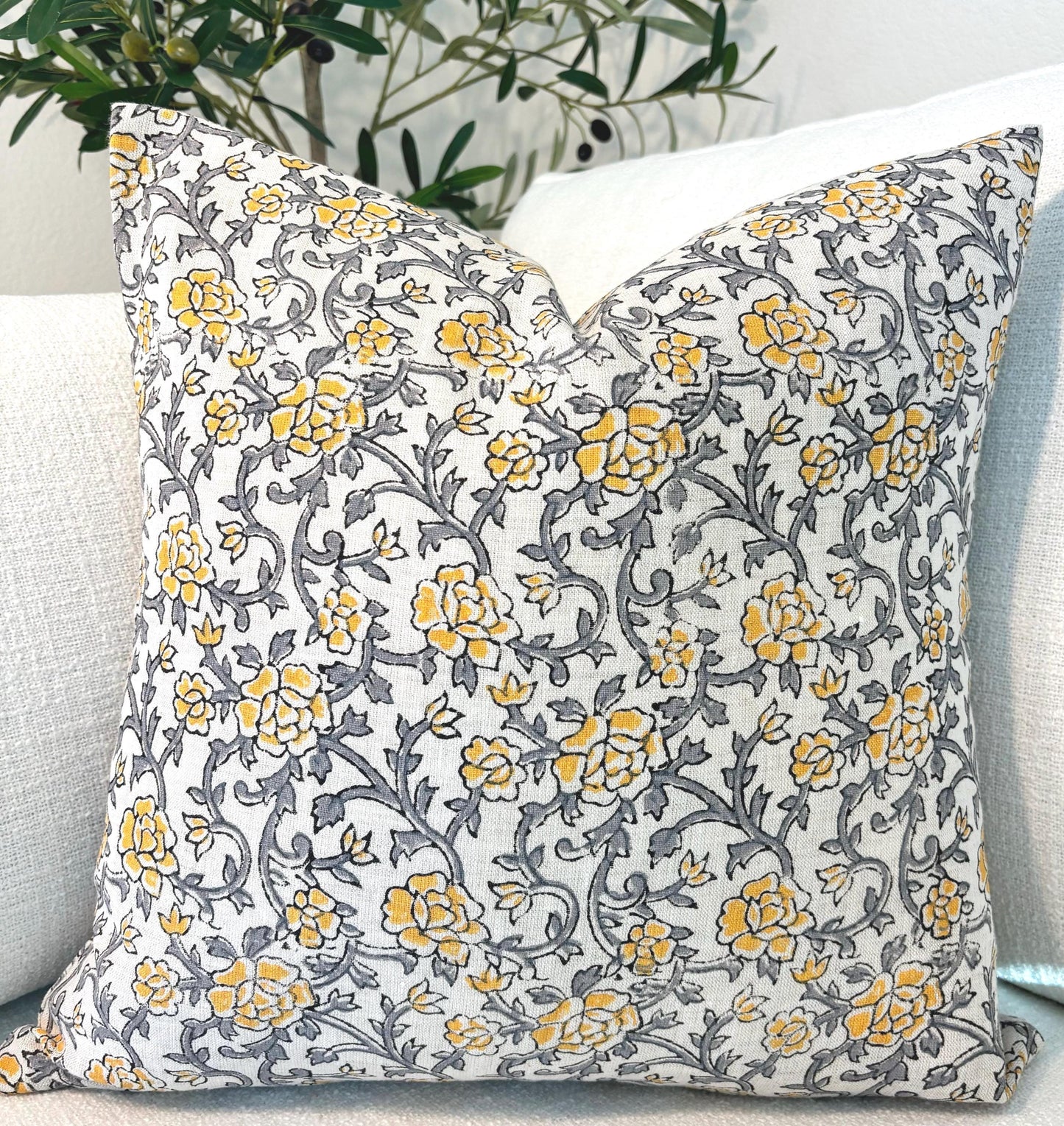 Rose - hand block printed linen pillow cover (gray, yellow)