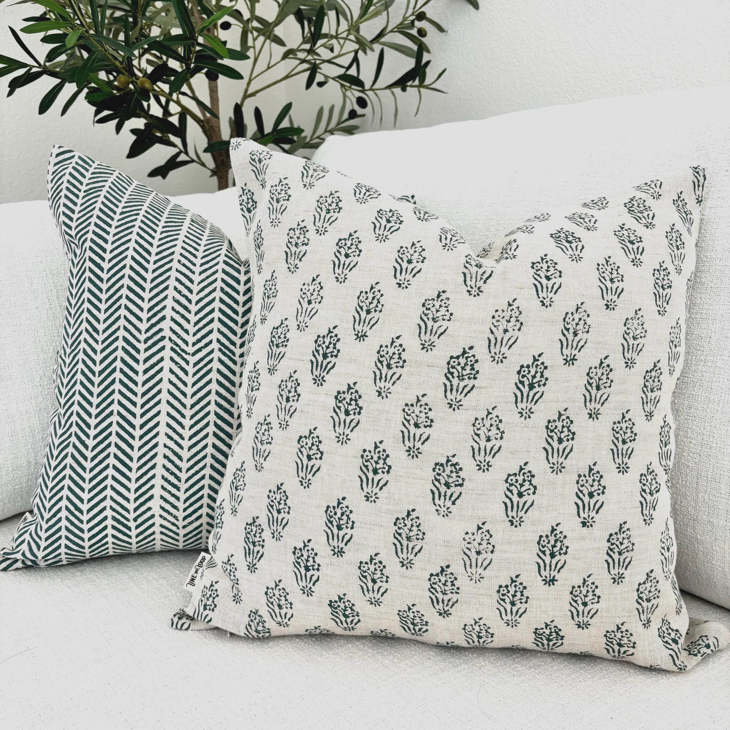 Naomi - hand block printed linen pillow cover (green)