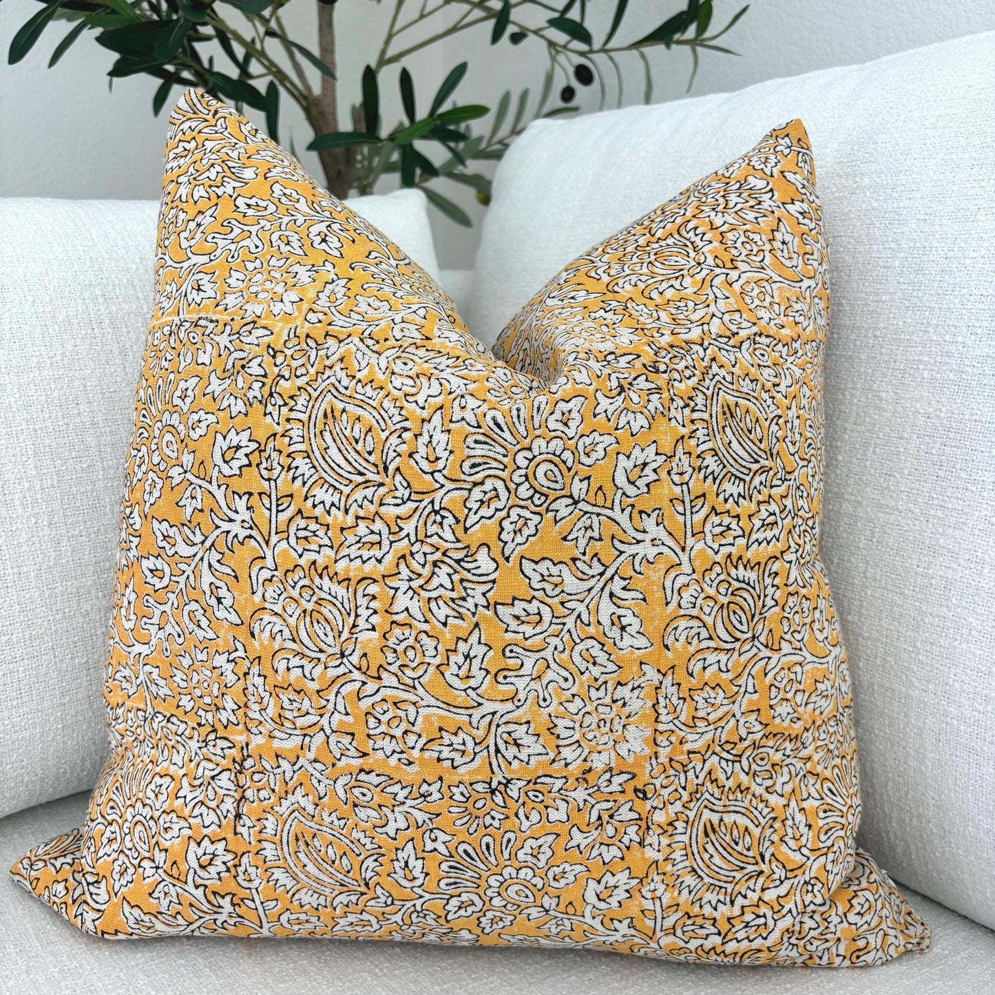 Amira - hand block printed linen pillow cover (yellow)