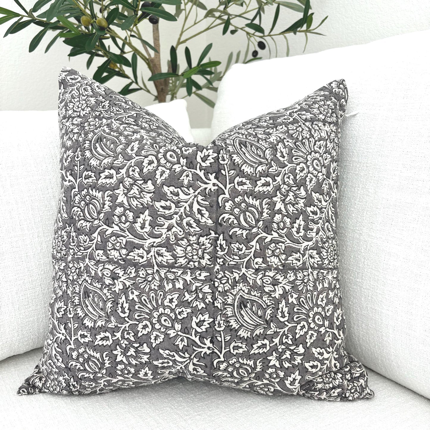 Elsa - hand block printed linen pillow cover (gray)