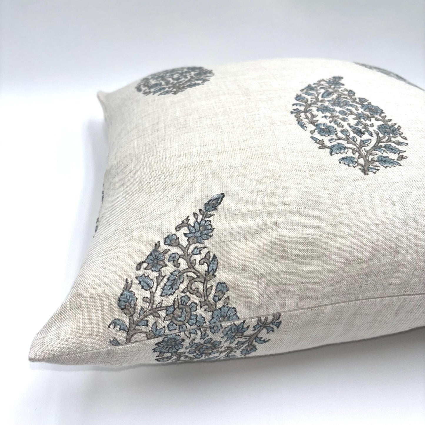 Lia - hand block printed linen pillow cover (blue, gray)