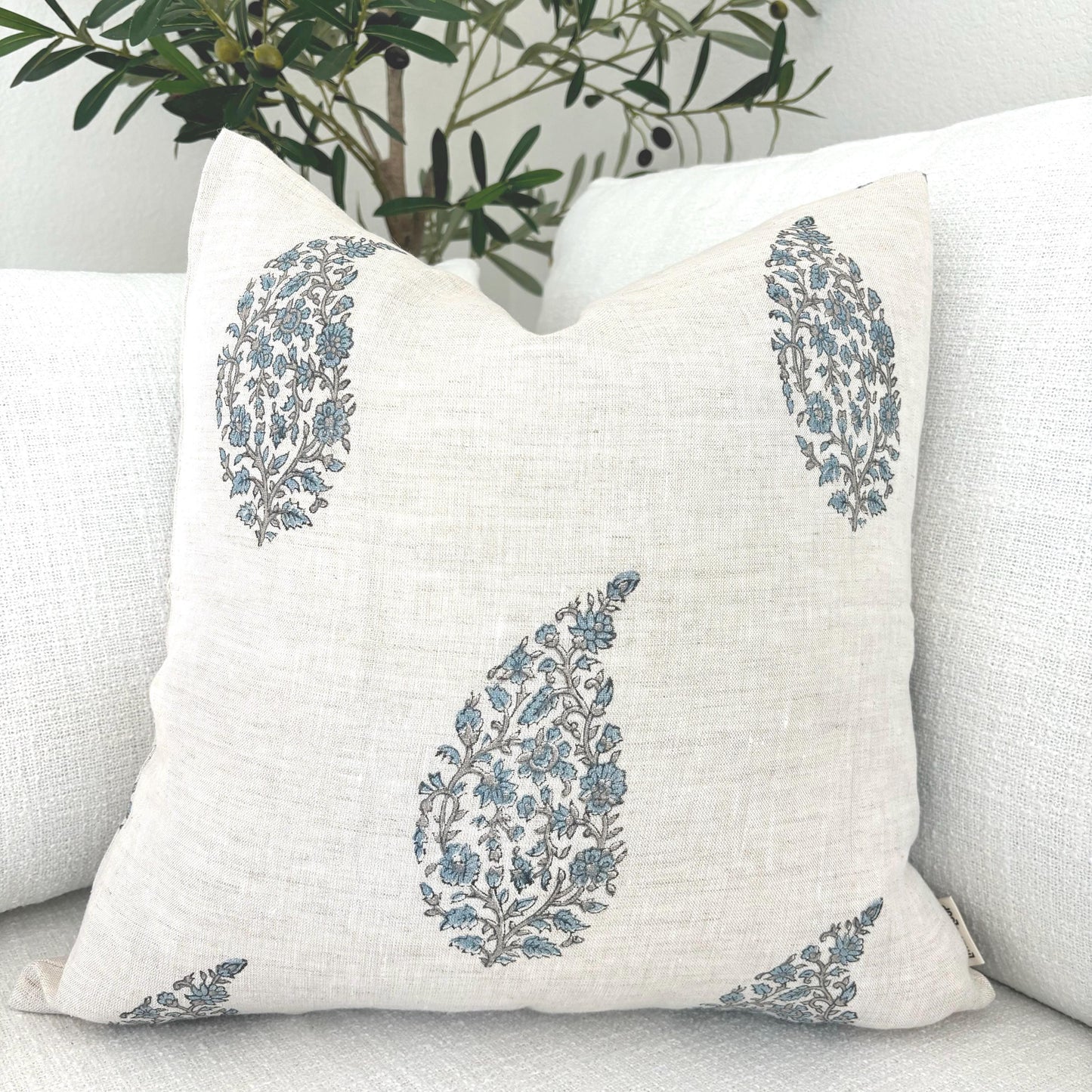 Lia - hand block printed linen pillow cover (blue, gray)