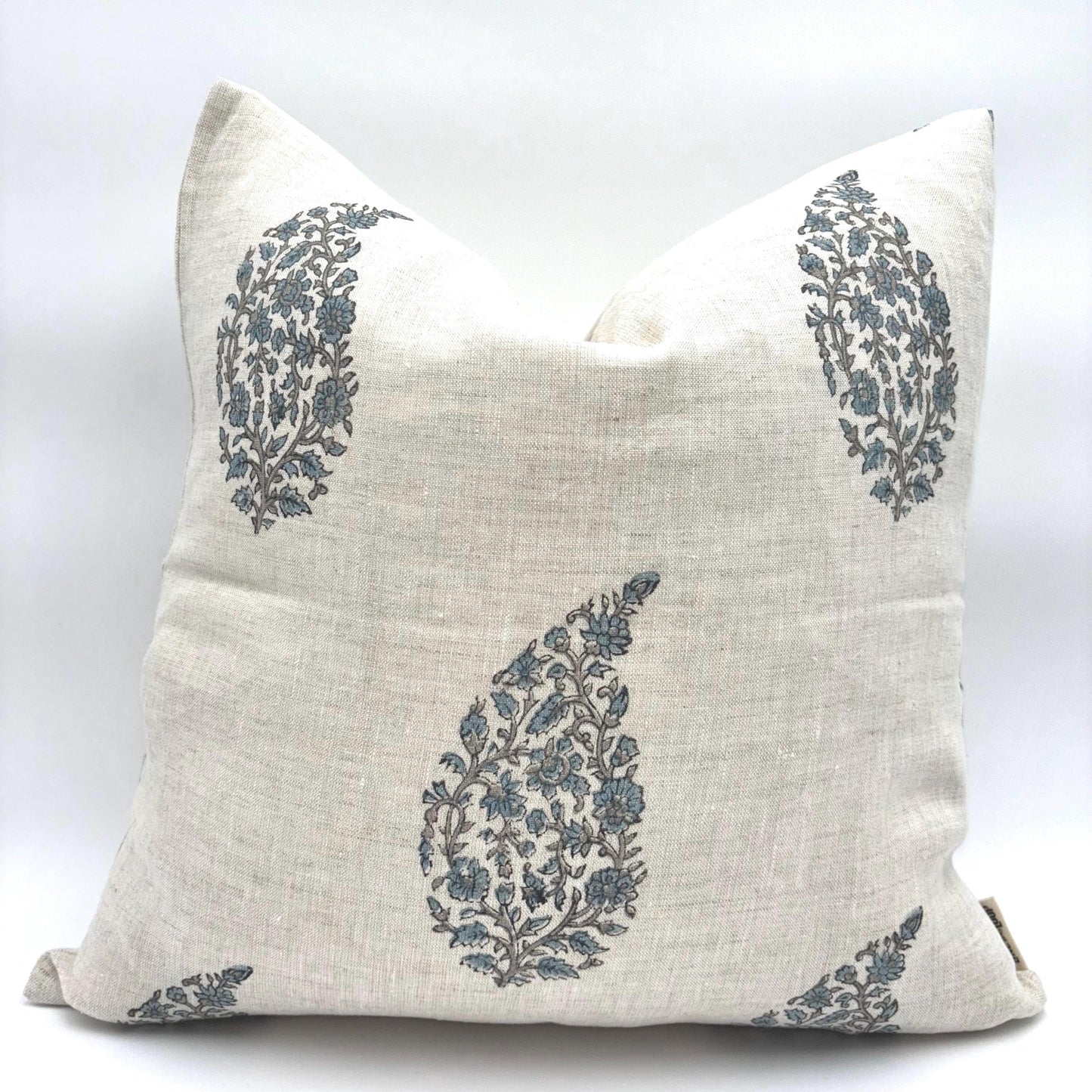 Lia - hand block printed linen pillow cover (blue, gray)
