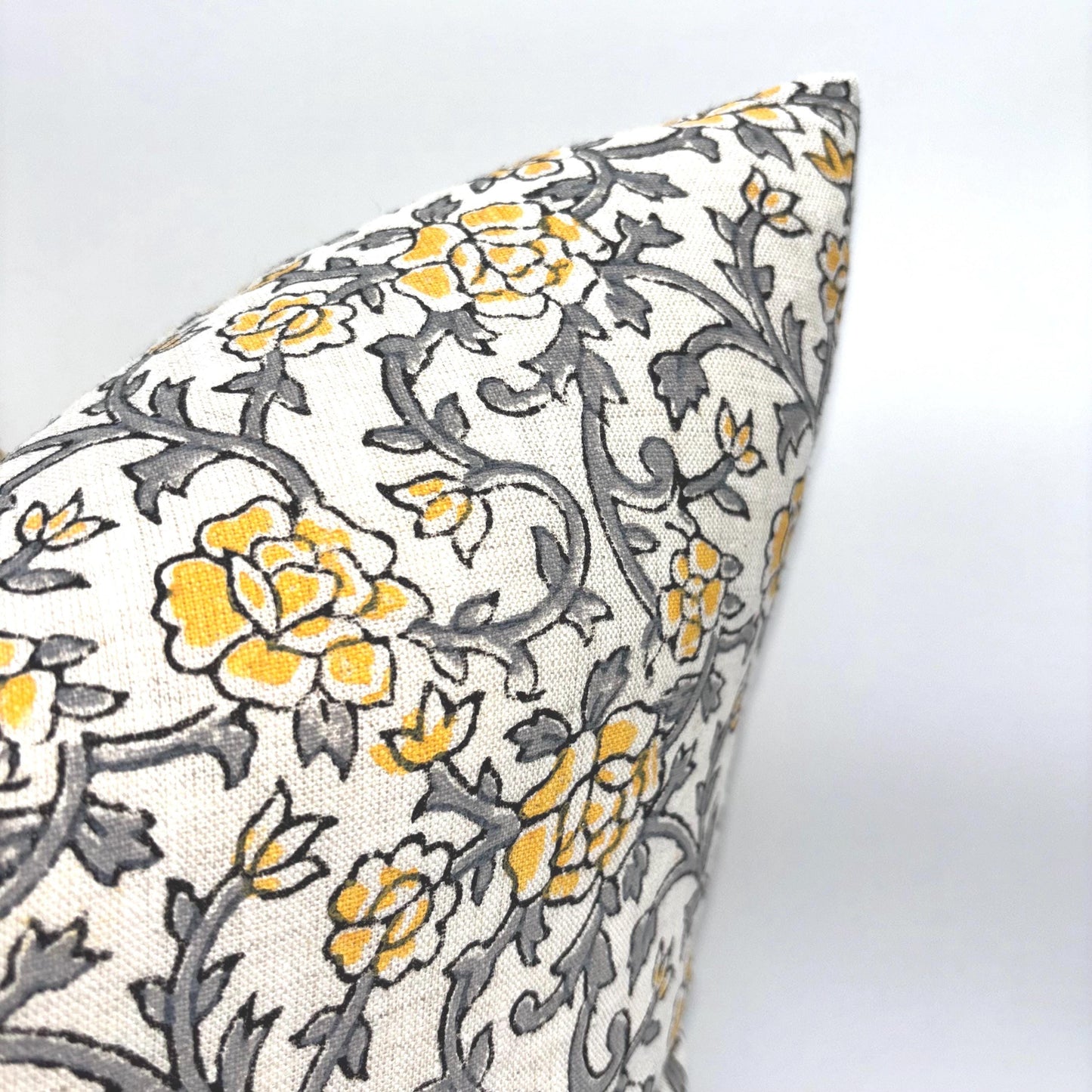 Rose - hand block printed linen pillow cover (gray, yellow)