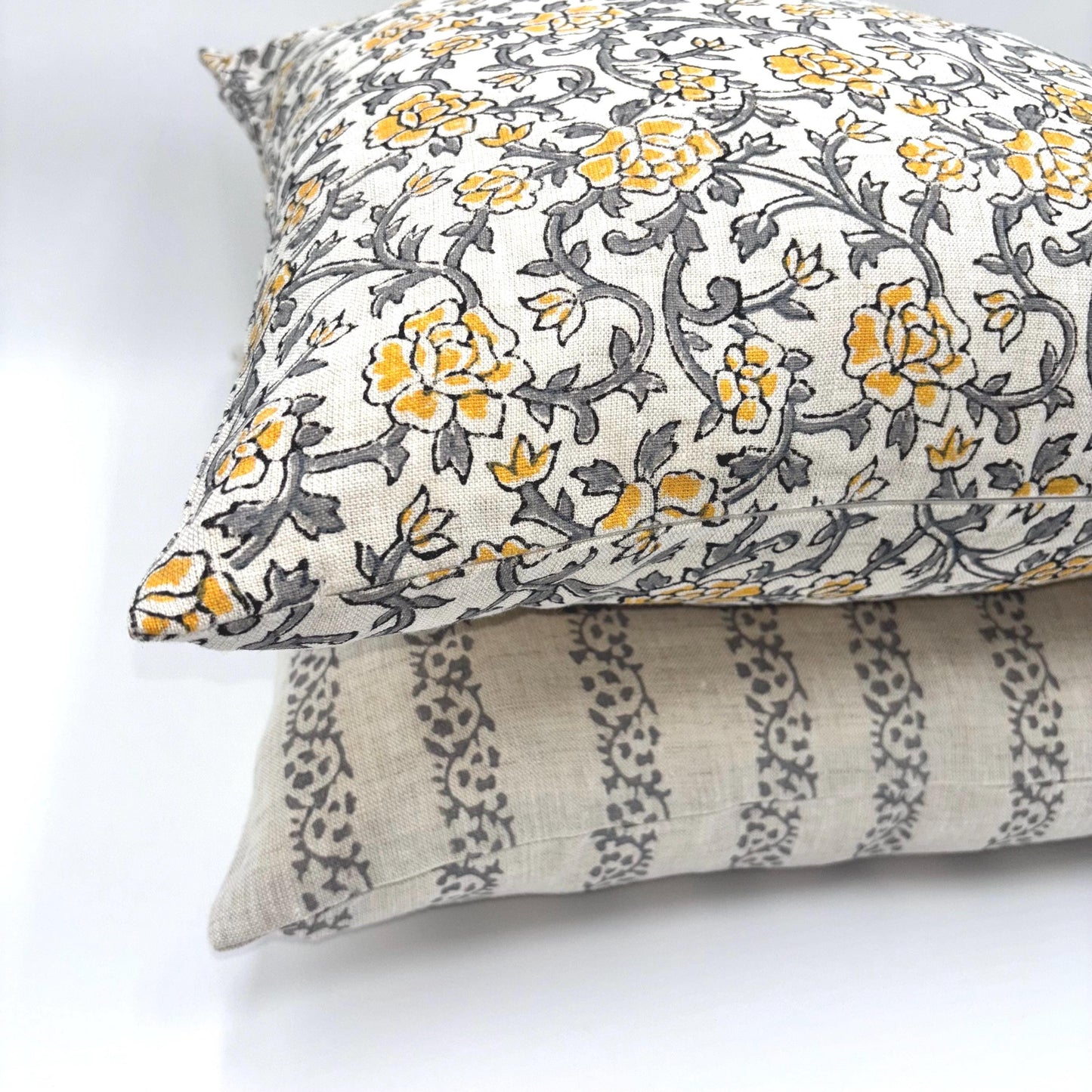 Rose - hand block printed linen pillow cover (gray, yellow)