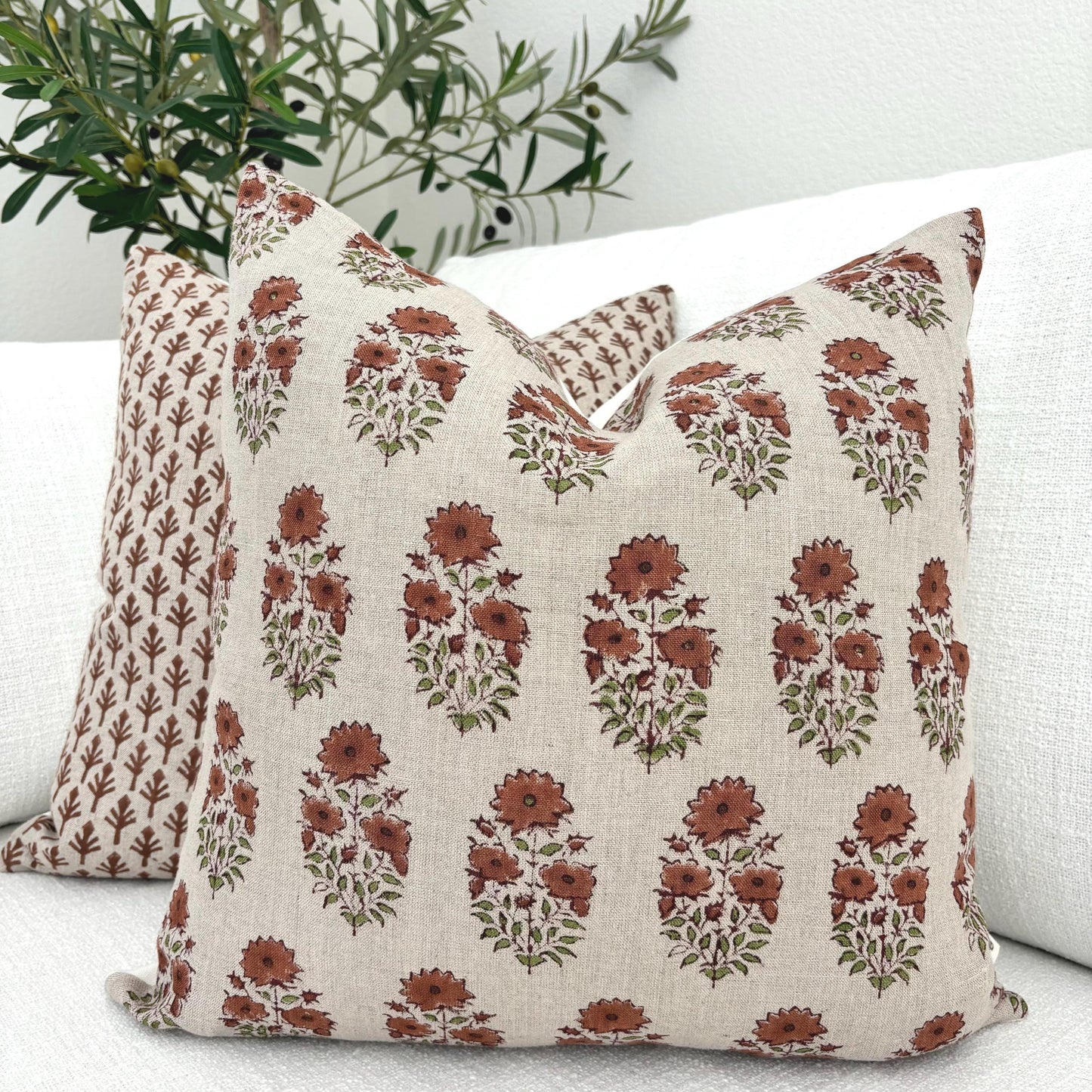 Adele - hand bock printed linen pillow cover (brown)