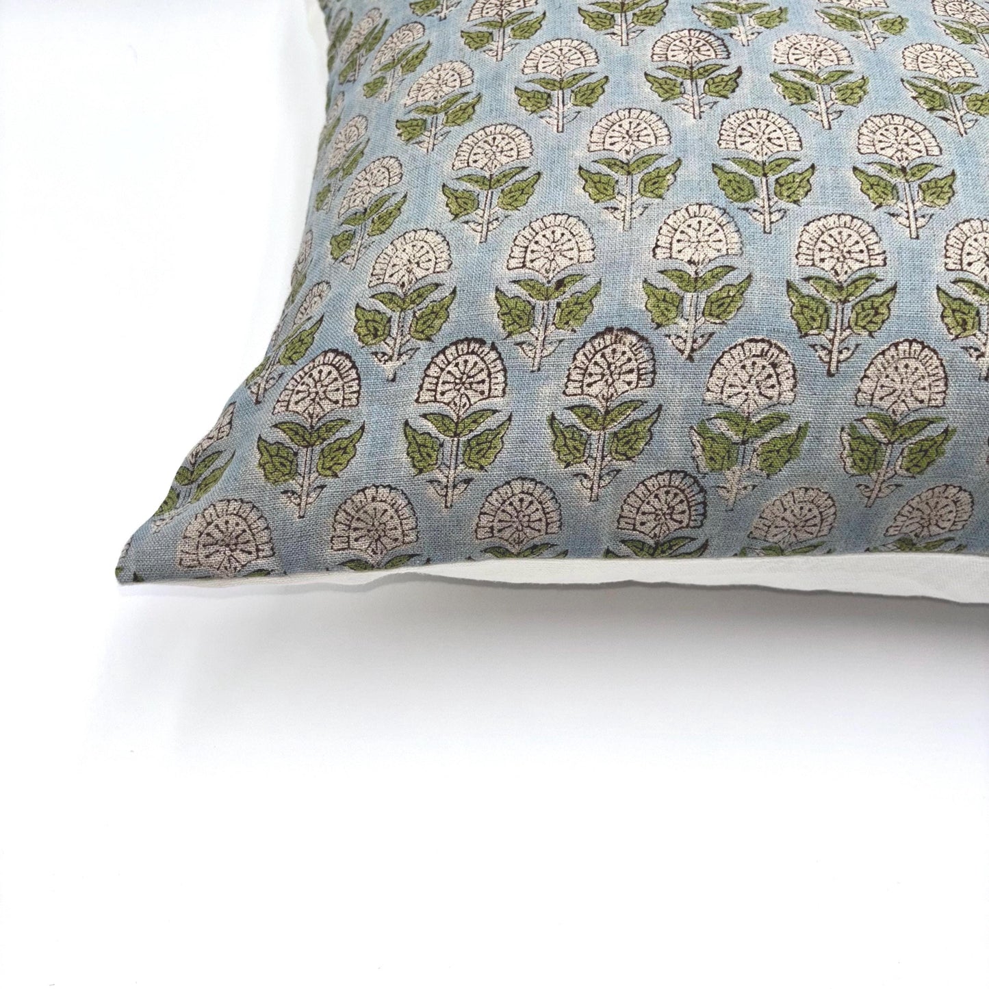 Hazel - hand block printed linen pillow cover (blue, green)