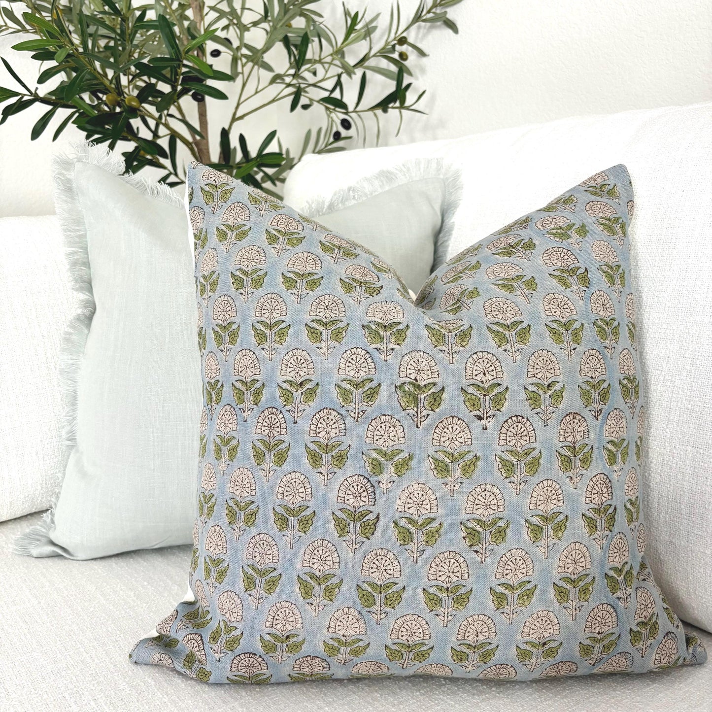 Hazel - hand block printed linen pillow cover (blue, green)