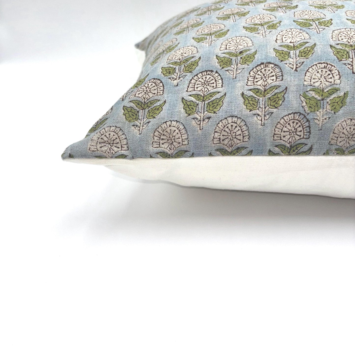 Hazel - hand block printed linen pillow cover (blue, green)