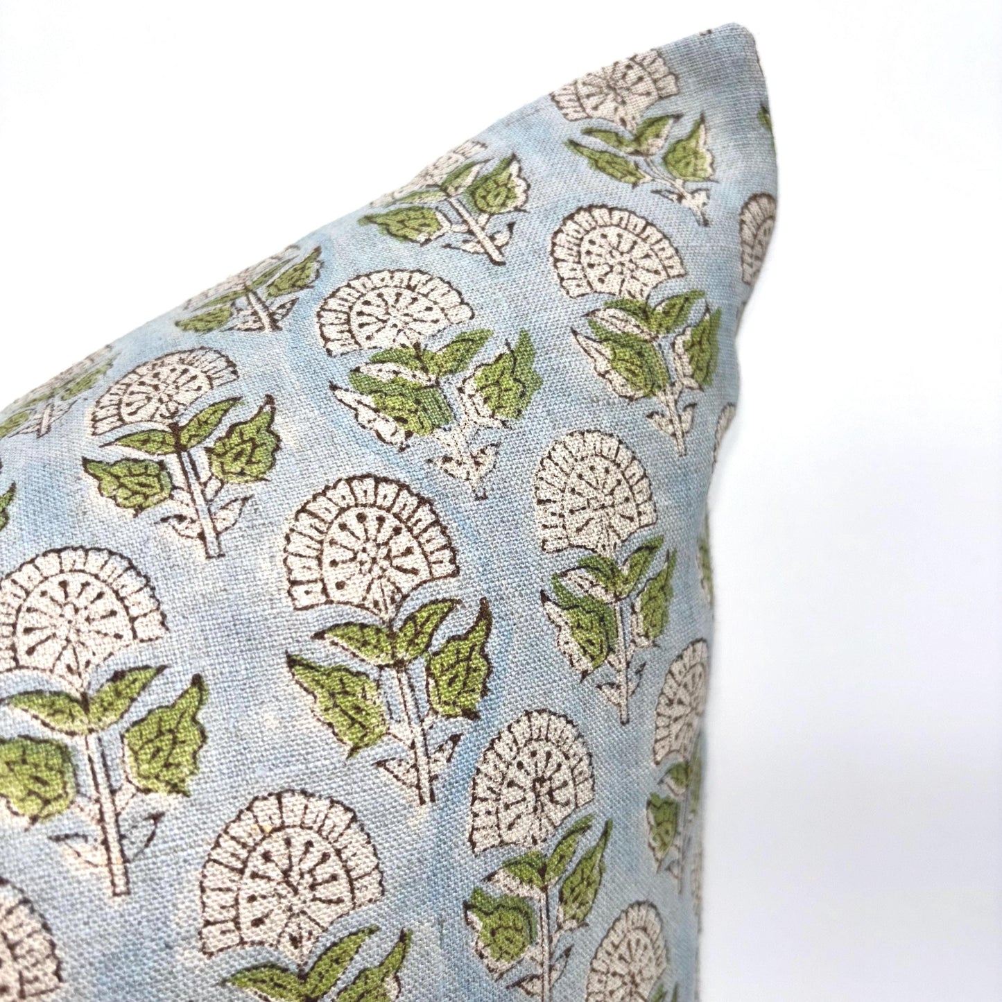 Hazel - hand block printed linen pillow cover (blue, green)