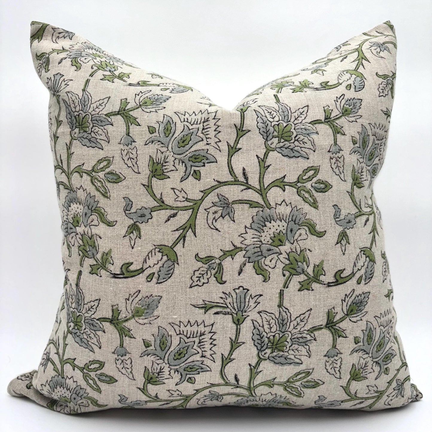 Claire - hand block printed linen pillow cover (green, blue)