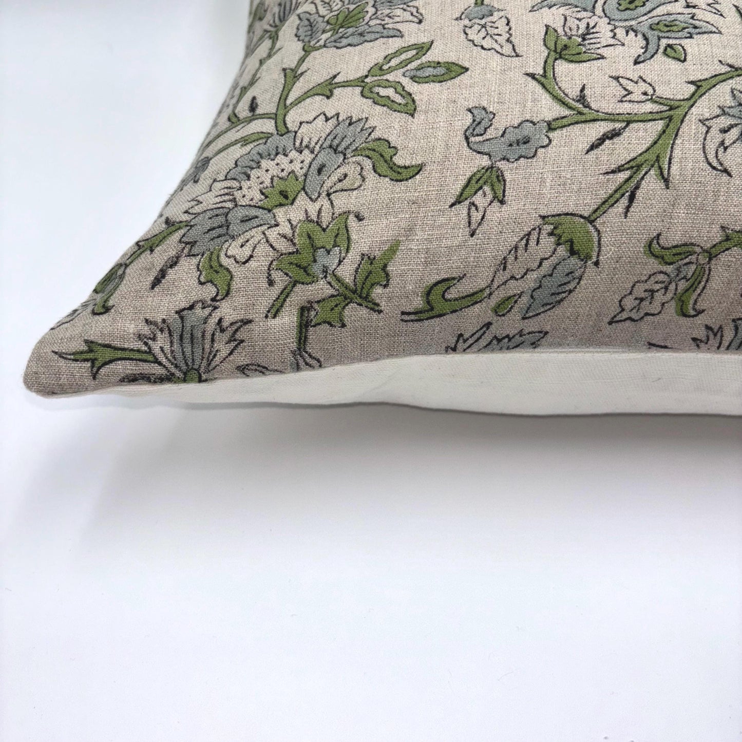 Claire - hand block printed linen pillow cover (green, blue)