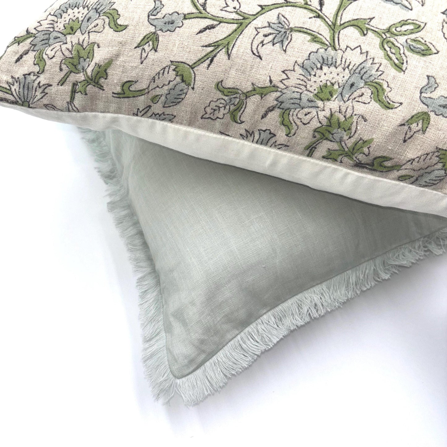 Claire - hand block printed linen pillow cover (green, blue)