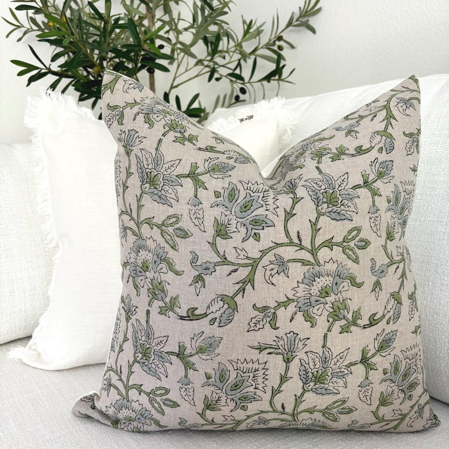 Claire - hand block printed linen pillow cover (green, blue)