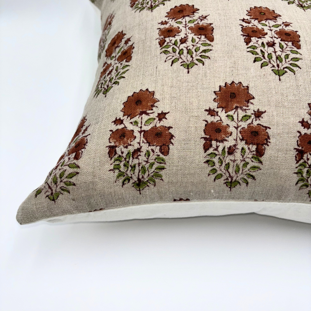 Block print floral pillow cover - brown and beige (Adele)
