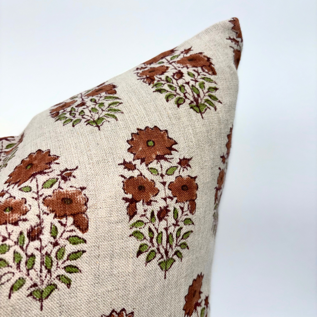Block print floral pillow cover - brown and beige (Adele)