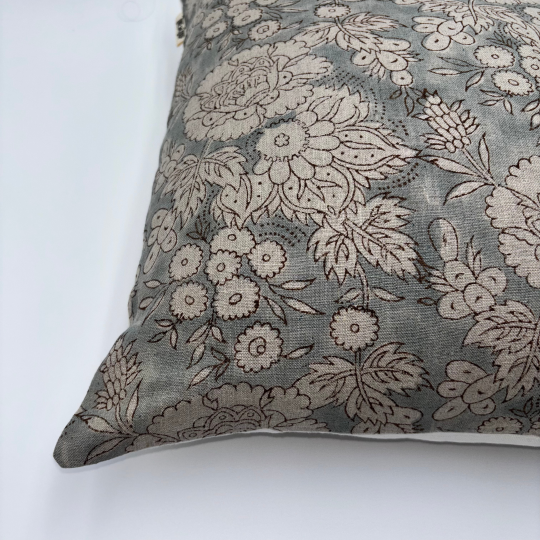 Hand block floral pillow cover - gray (Ethan)