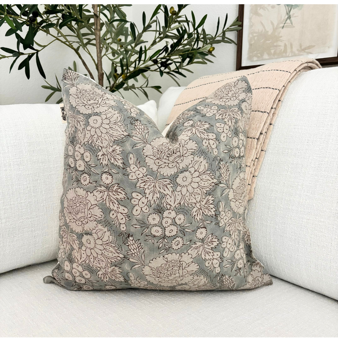 Hand block floral pillow cover - gray (Ethan)