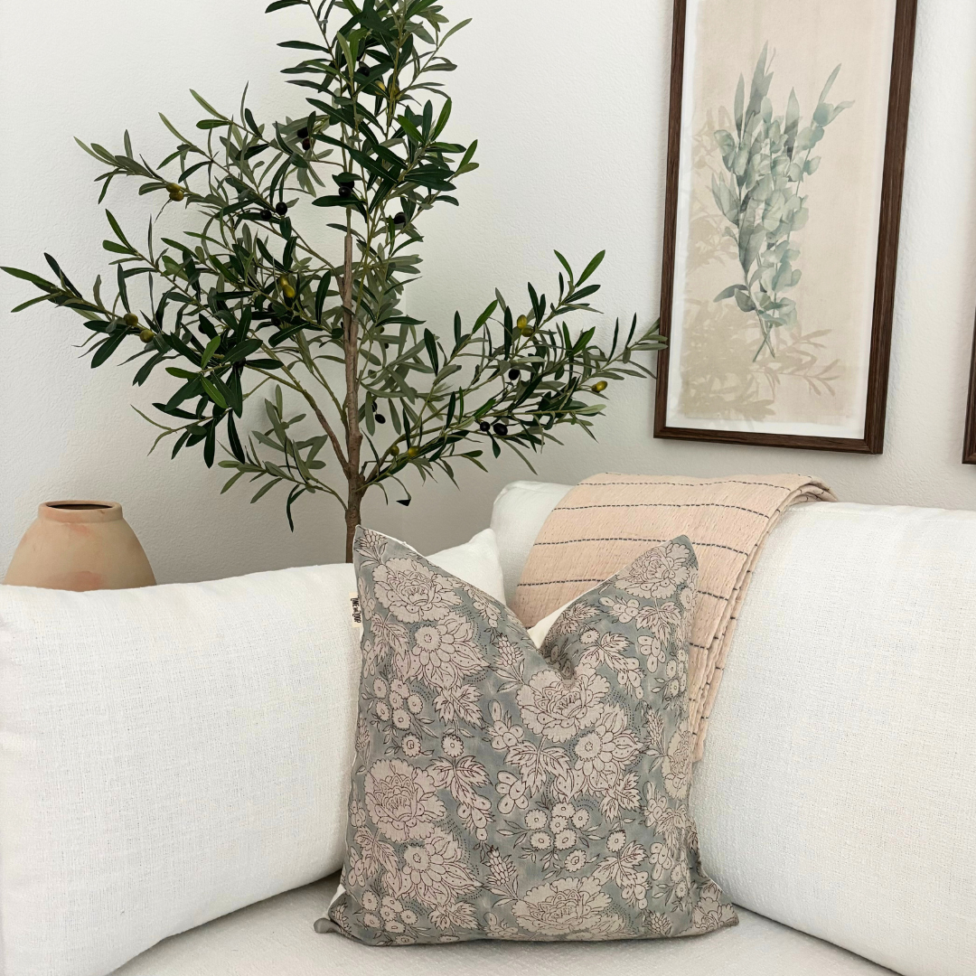 Hand block floral pillow cover - gray (Ethan)