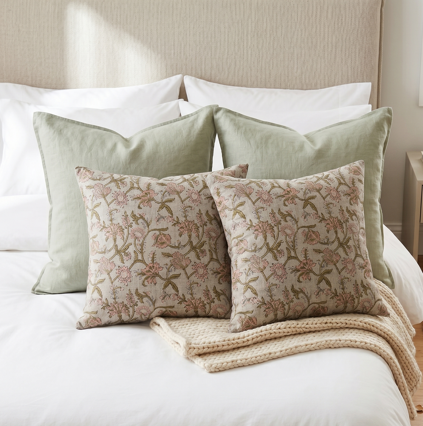 Floral pillow cover - blush pink and green (Winona)