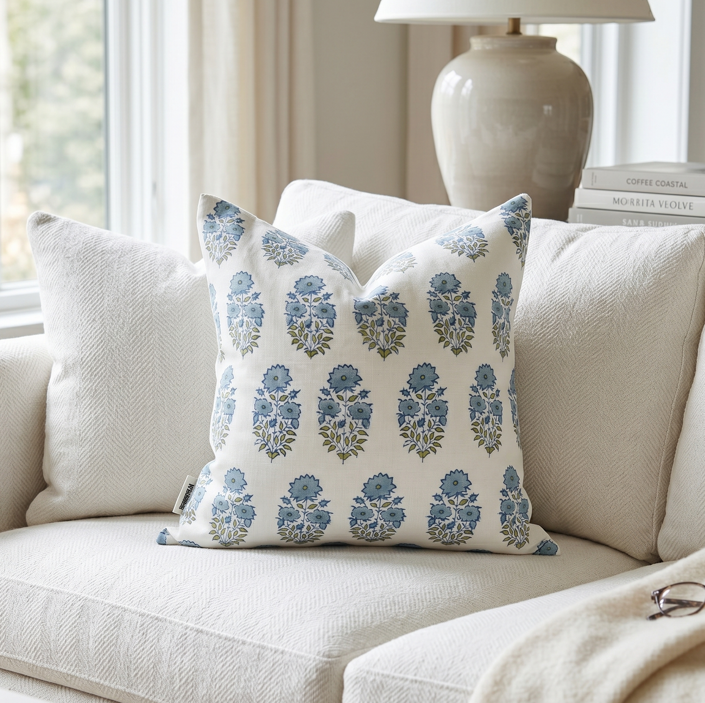 Hand block floral pillow cover - light blue (Addison)