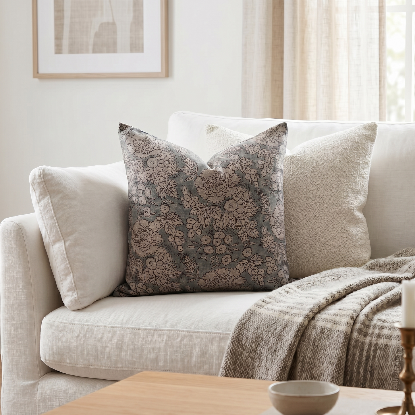 Hand block floral pillow cover - gray (Ethan)